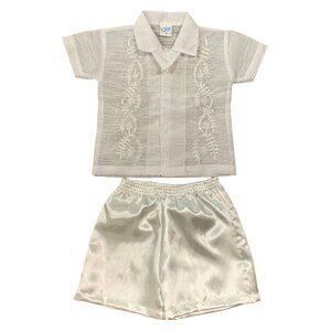 Lullet Boys Sheer White Button-Up Shirt Satin Shorts Set Embroidered Size 4